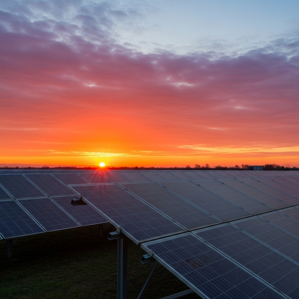 Lever de soleil sur panneaux solaires